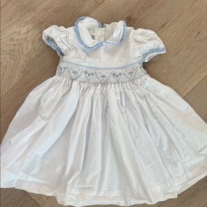 White Girls Smocked Dress with Light Blue Trim